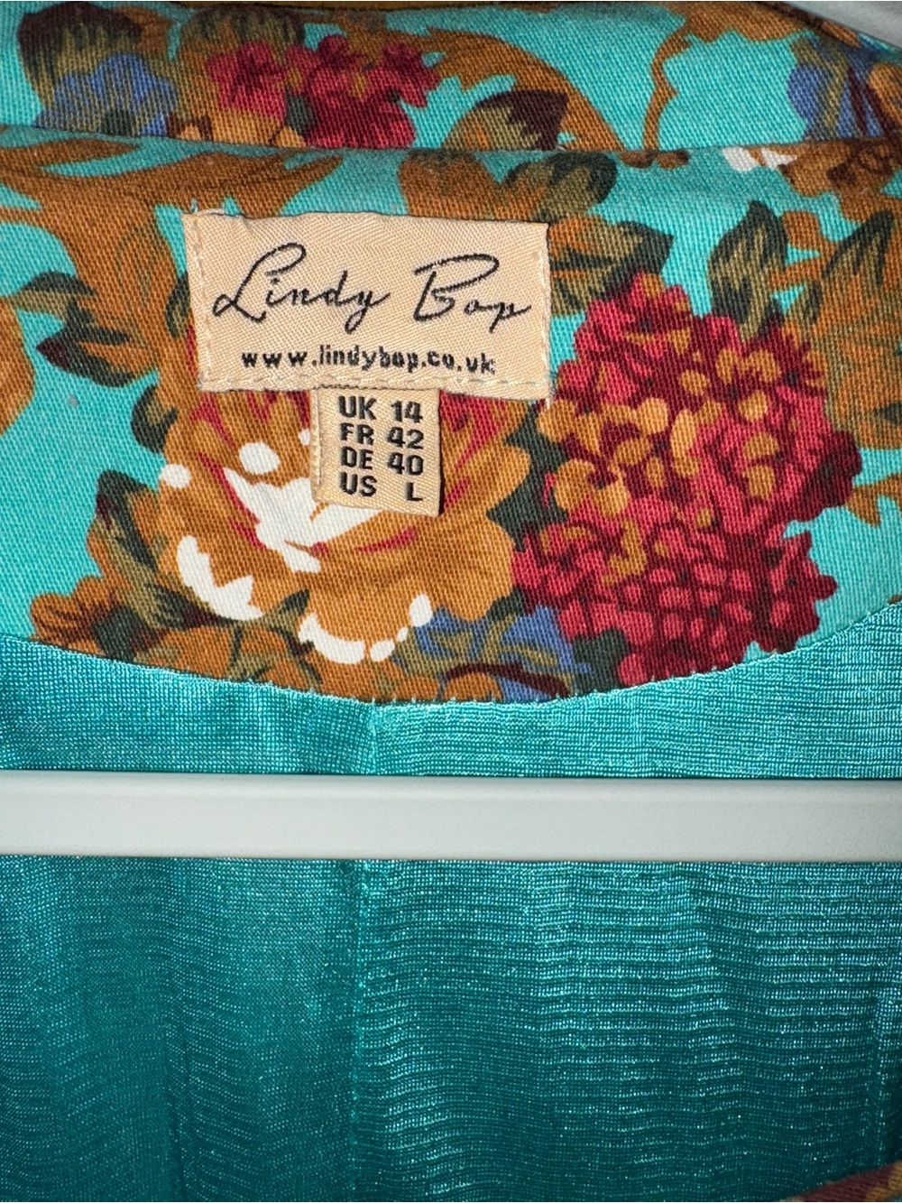 Lindy Bop Teal Floral Belted Midi Dress - Picture 3 of 9